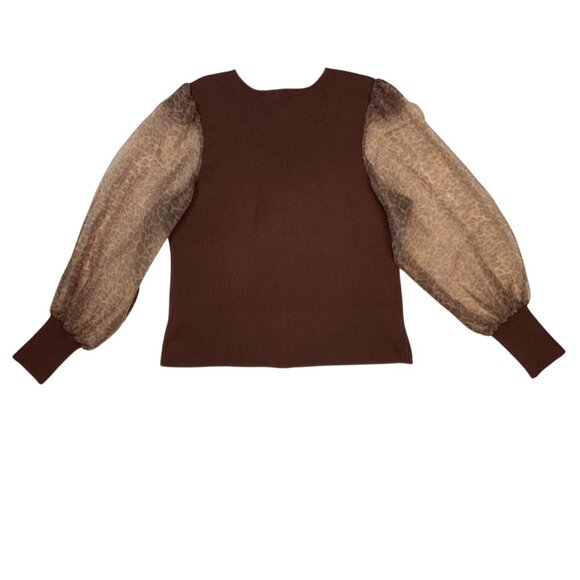 Anthropologie Dolan Puff Sleeve Sweater 1X Plus Brown Motif Animal Print Fall - Picture 10 of 11